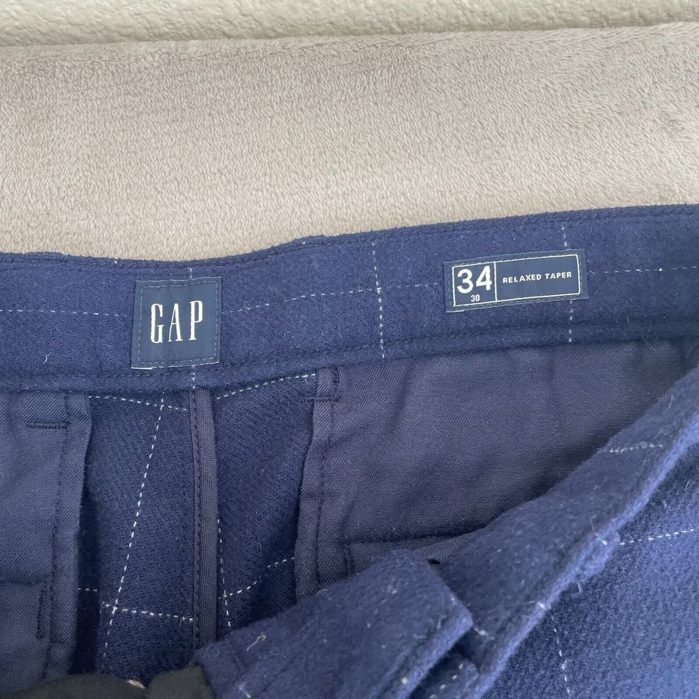 GAP Wool‎ Blend Trousers Men 34x25 Blue WindowPane Relaxed Tapered Pants Flannel - Picture 2 of 10